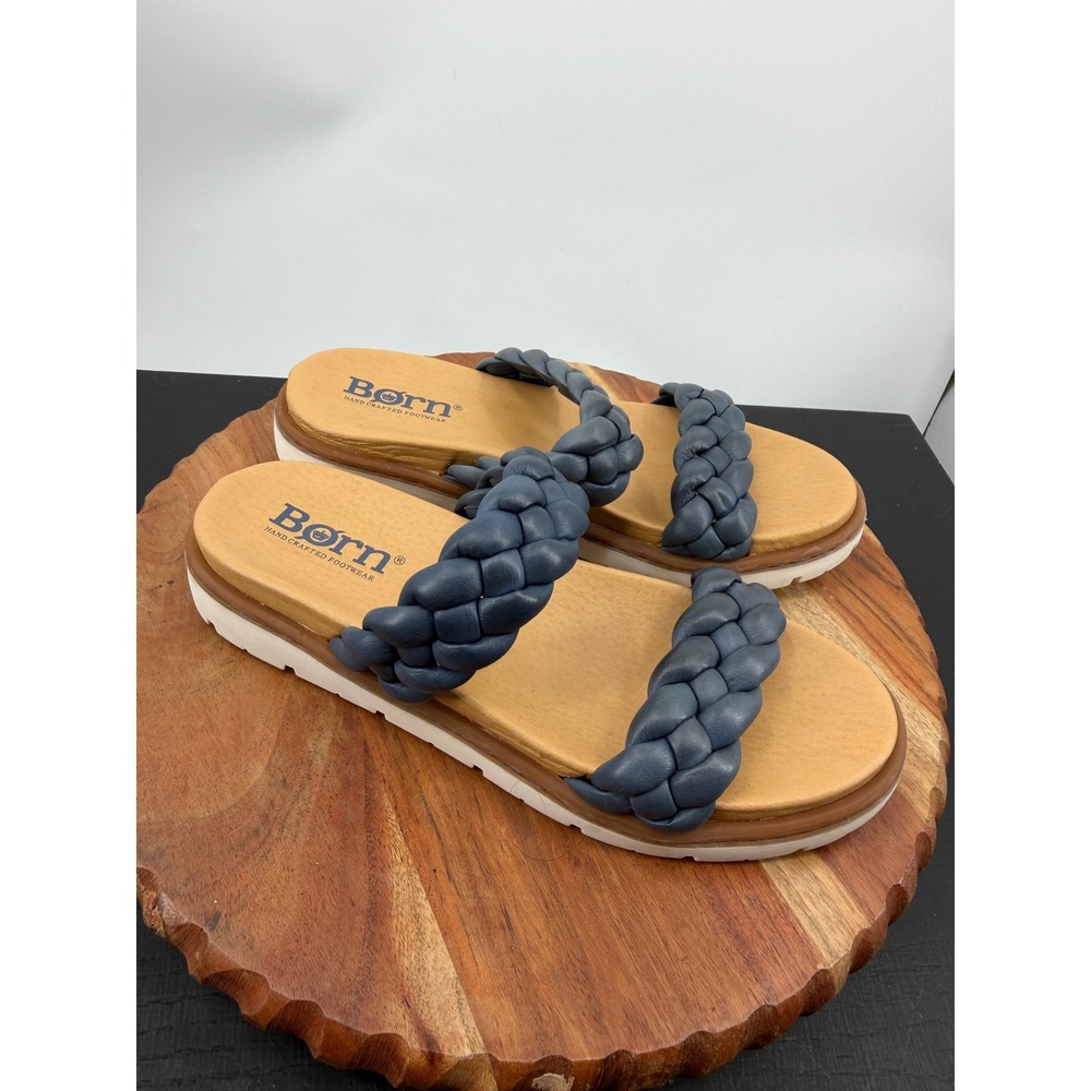 Born Freesia Slide Sandals Womens 9 Navy Blue Braided Leather Platform Comfort